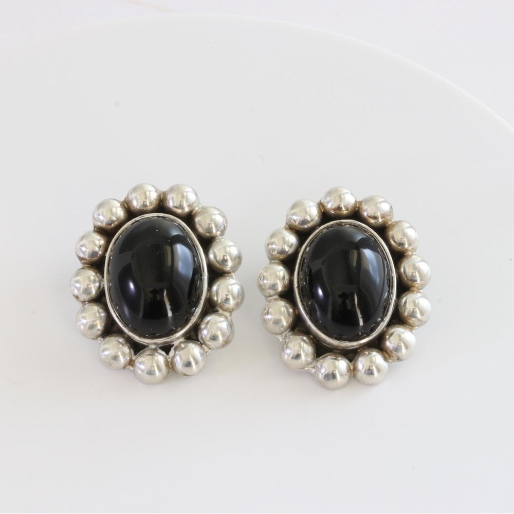 Vintage Sterling Silver Black Onyx Earrings Clip On Oval Beaded Statement